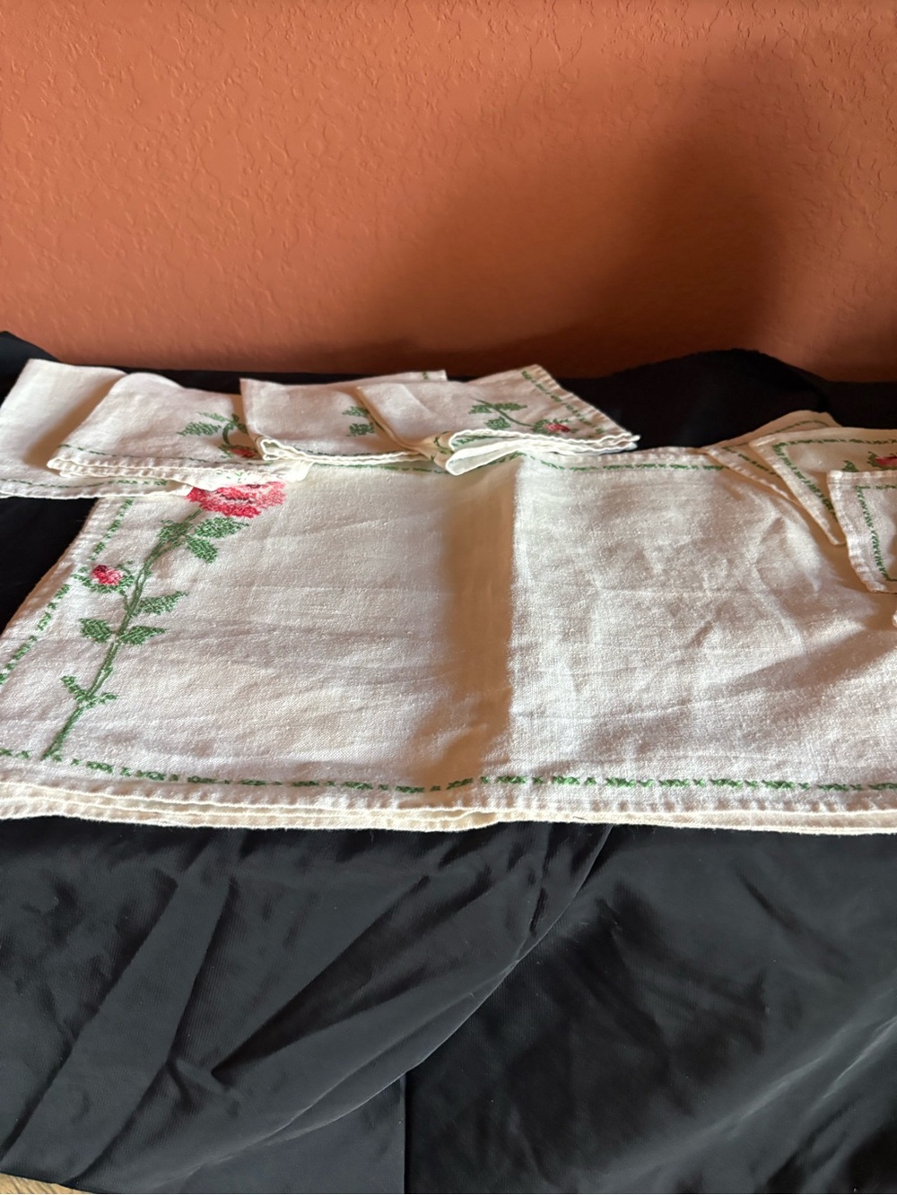 Hand Embroidered White Linen Placemat Set with Pink Rose Motif